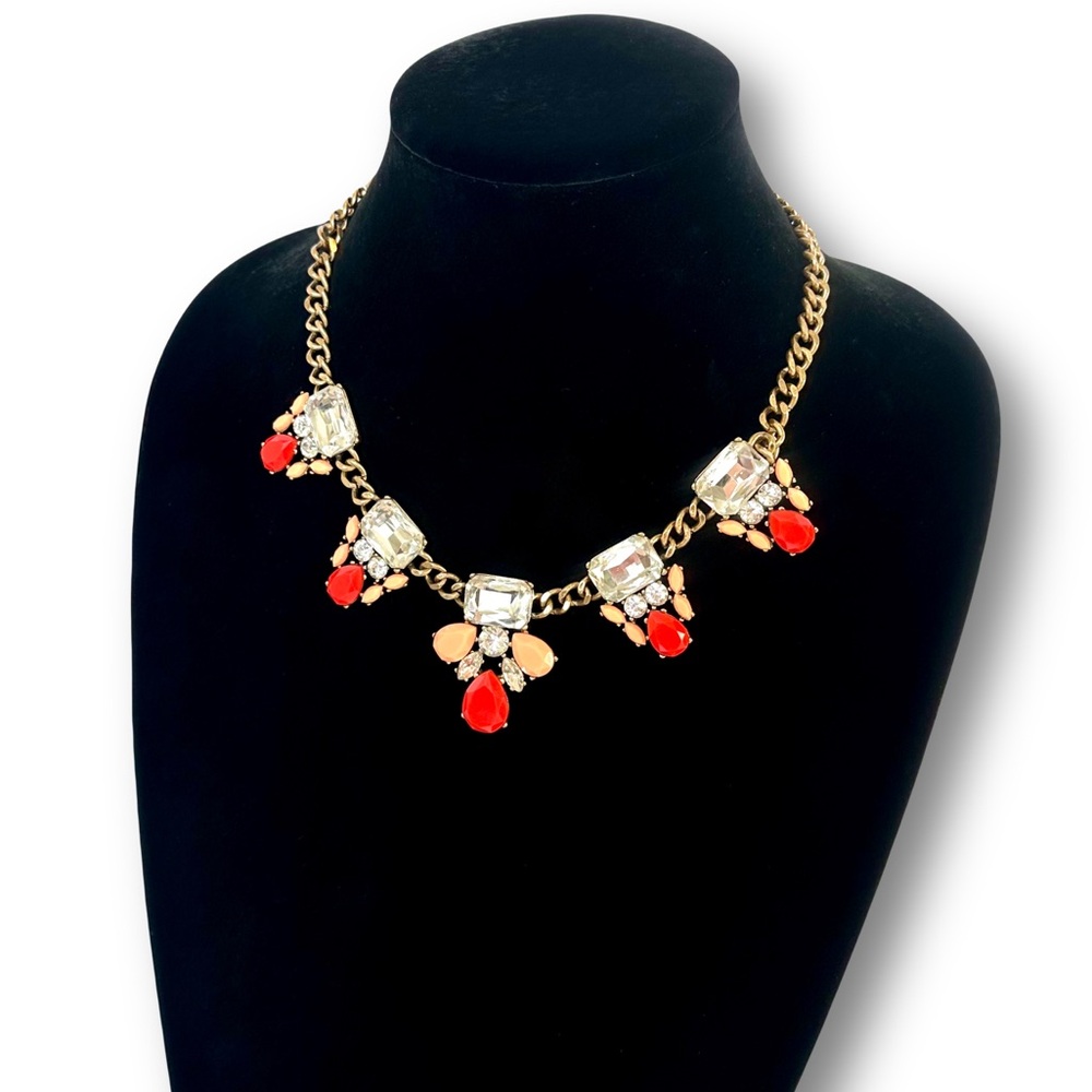 J. CREW Red & Orange Brass Statement Necklace with Crystal Accents - Picture 5 of 9